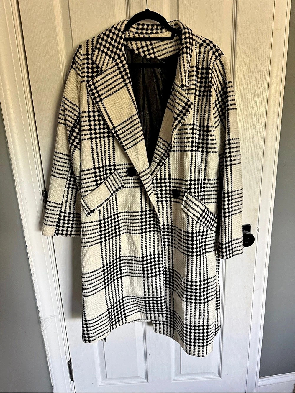 Plaid Belted Coat in Black & Cream Like New